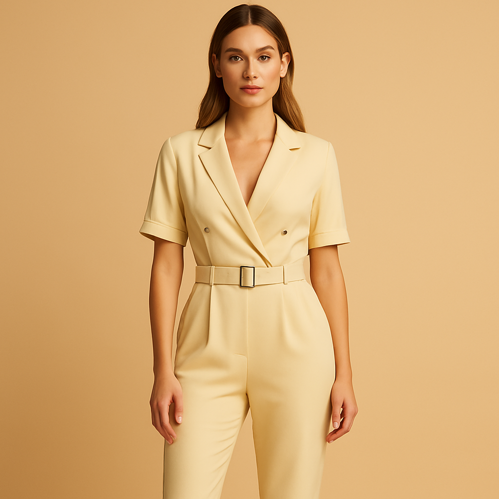 Women’s elegant jumpsuit with V-neck, formal collar, and half sleeves. A polished, tailored fit ideal for work, evenings out, and formal occasions.