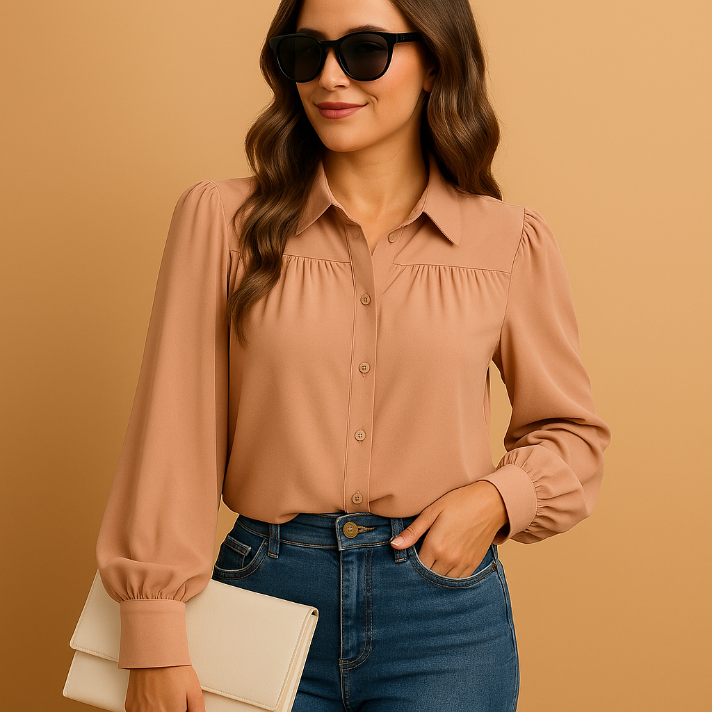 Women’s elegant lantern sleeve blouse in solid colors with shirt collar and gathered details — perfect for work, daily wear, and casual elegance.