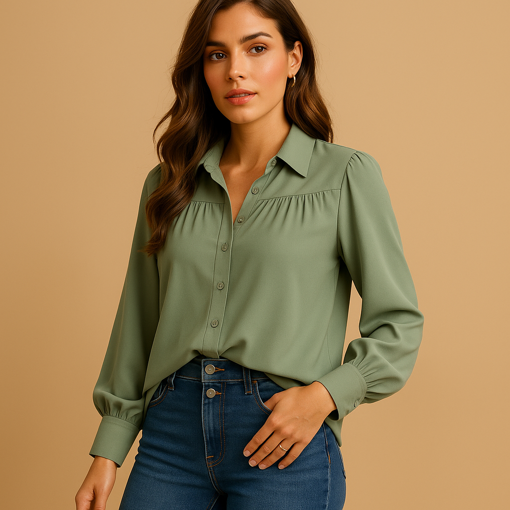 Women’s elegant lantern sleeve blouse in solid colors with shirt collar and gathered details — perfect for work, daily wear, and casual elegance.