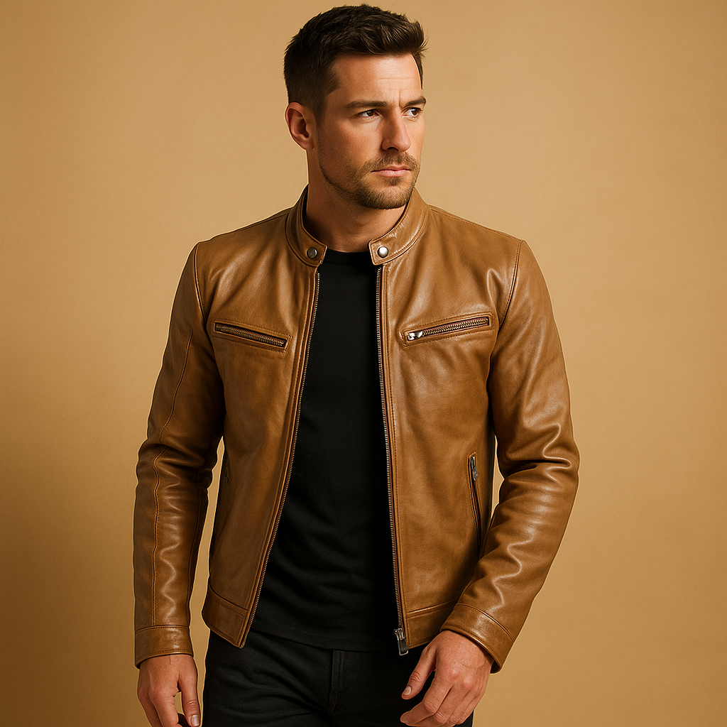Men’s elegant leather mid-season jacket in high-quality PU leather, versatile design, available in black, auburn, camel, and navy blue.