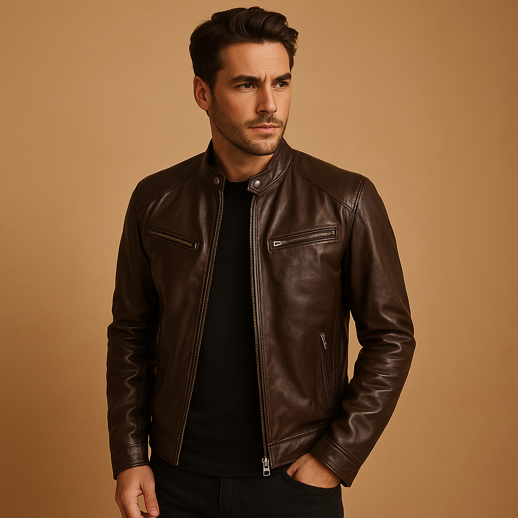 Men’s elegant leather mid-season jacket in high-quality PU leather, versatile design, available in black, auburn, camel, and navy blue.