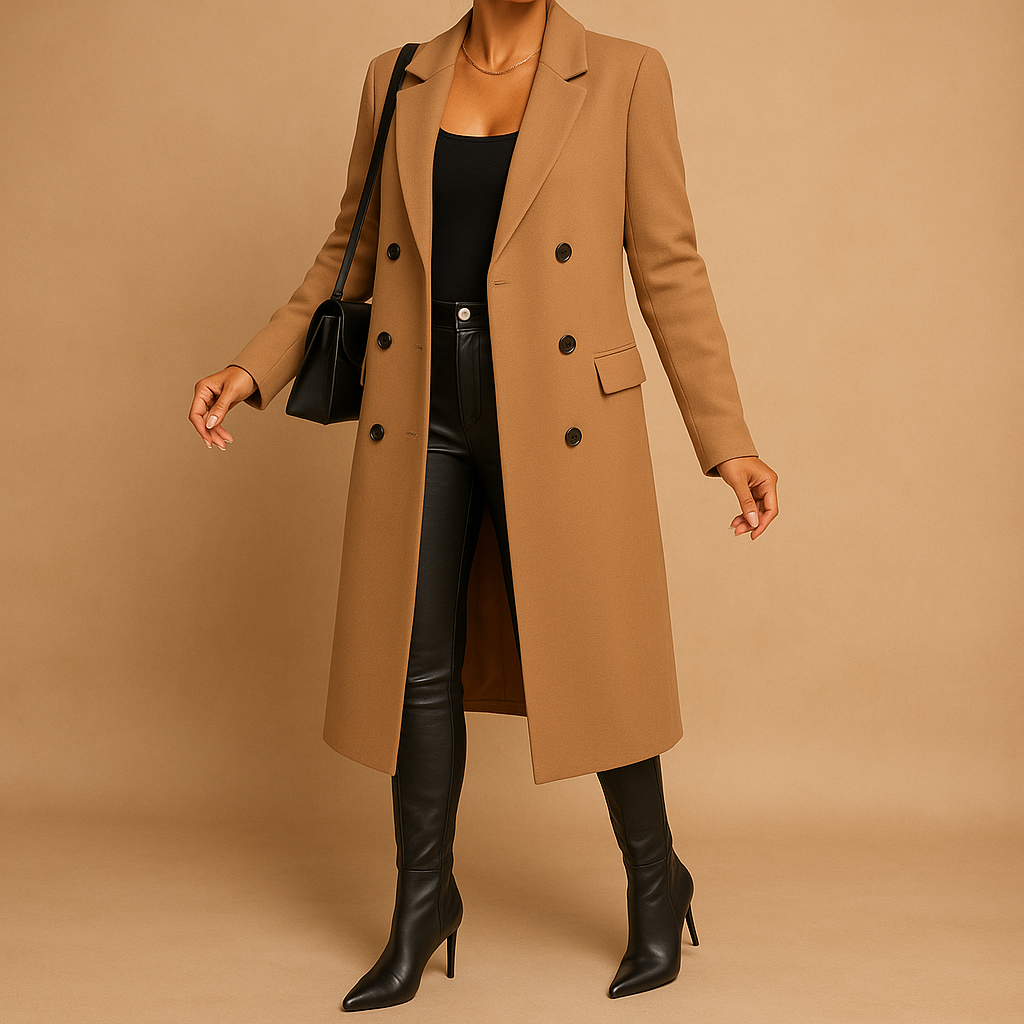Stylish long winter coat for women with soft lining and tailored fit, available in pink, beige, grey, black, army green, and brown.