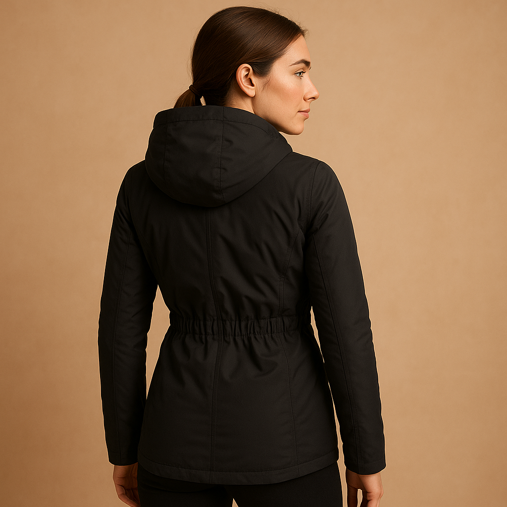 Women’s elegant long winter coat in black, beige, and gray with insulating lining and tailored silhouette for winter warmth and style.