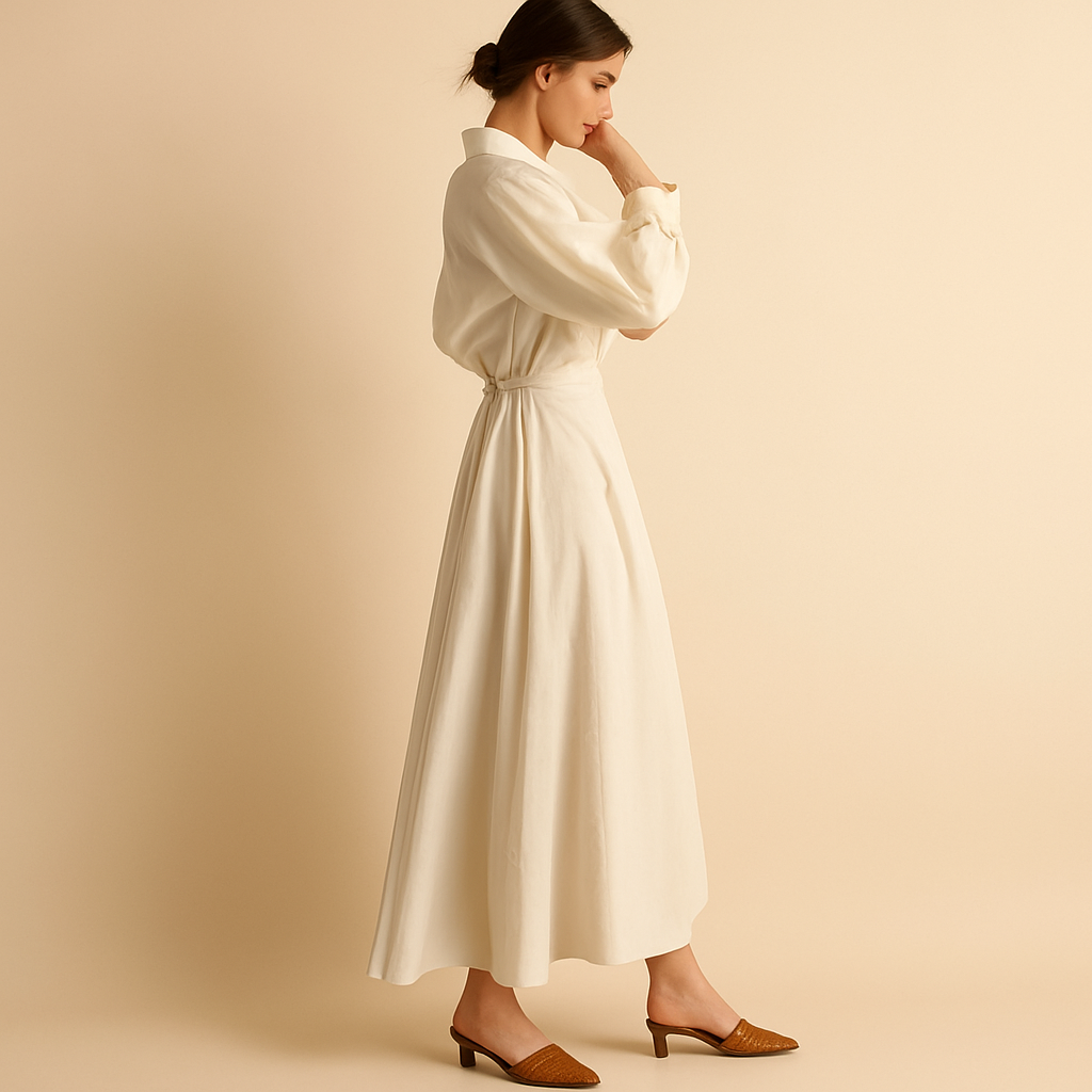 Elegant women’s maxi dress with V-neckline, long sleeves, and bold printed design, perfect for formal occasions or casual gatherings.