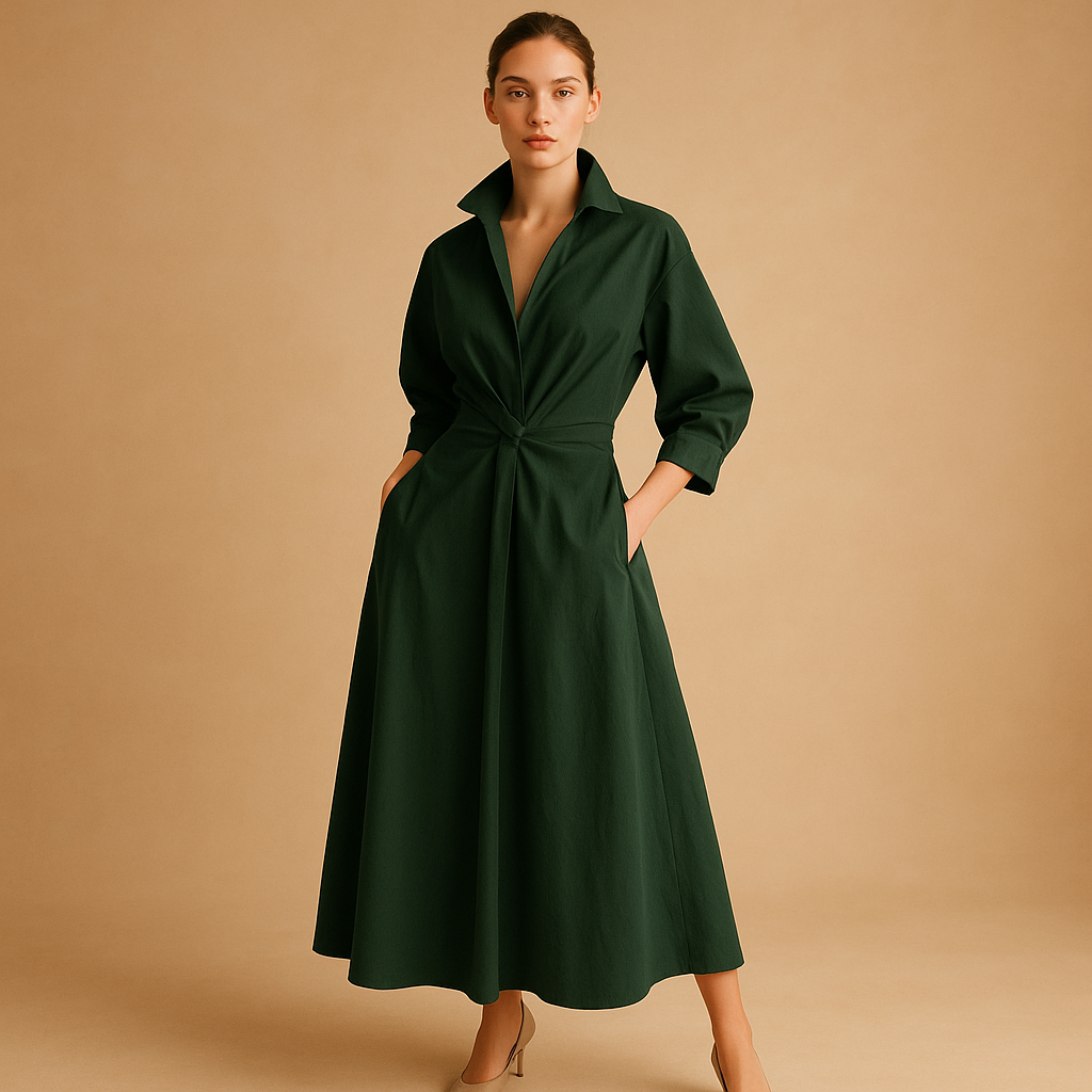 Elegant women’s maxi dress with V-neckline, long sleeves, and bold printed design, perfect for formal occasions or casual gatherings.