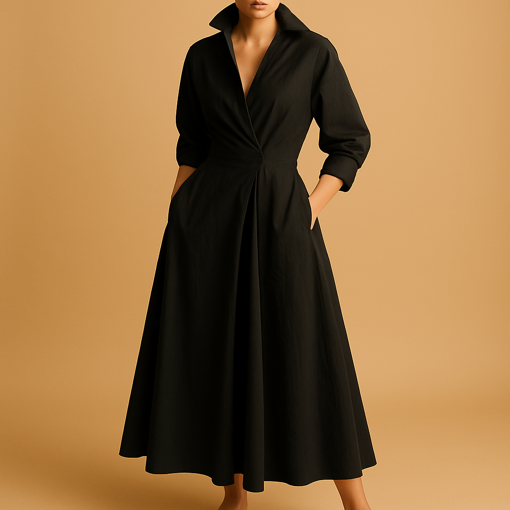 Elegant women’s maxi dress with V-neckline, long sleeves, and bold printed design, perfect for formal occasions or casual gatherings.