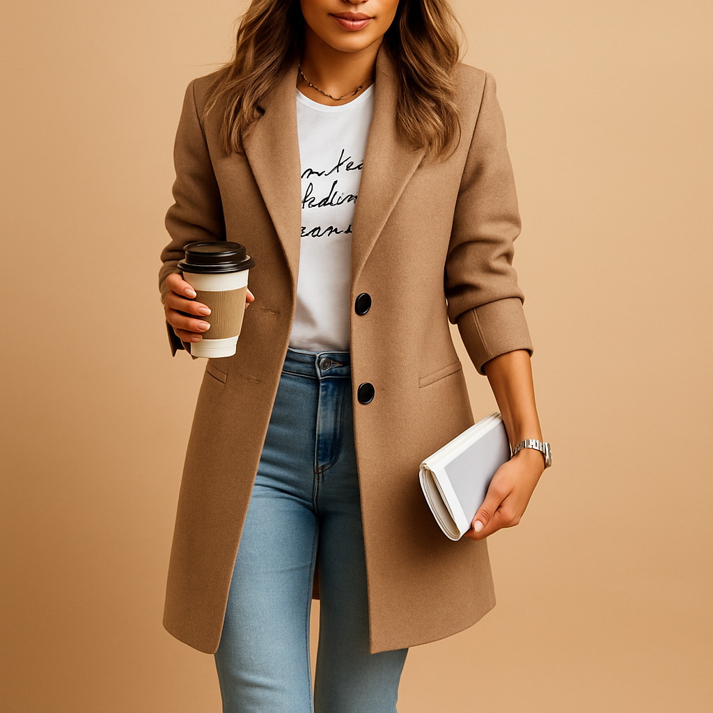 Stylish women’s mid-length coat with tailored fit, available in black, camel, and navy – perfect for winter elegance.
