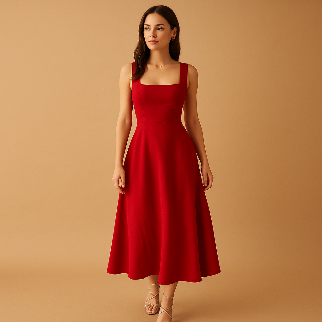 Elegant midi dress for women with square neckline, wide straps, and waist tie, ideal for work, weddings, parties, and casual occasions.