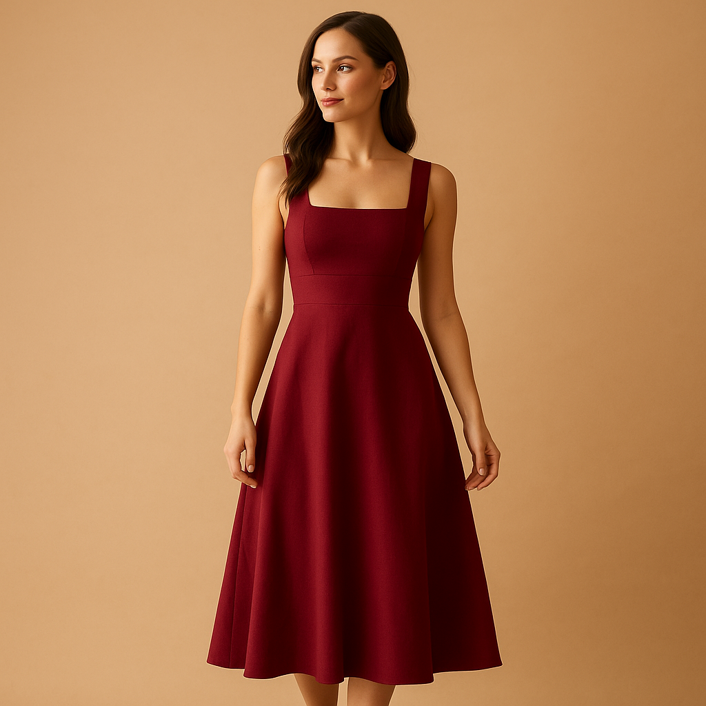 Elegant midi dress for women with square neckline, wide straps, and waist tie, ideal for work, weddings, parties, and casual occasions.