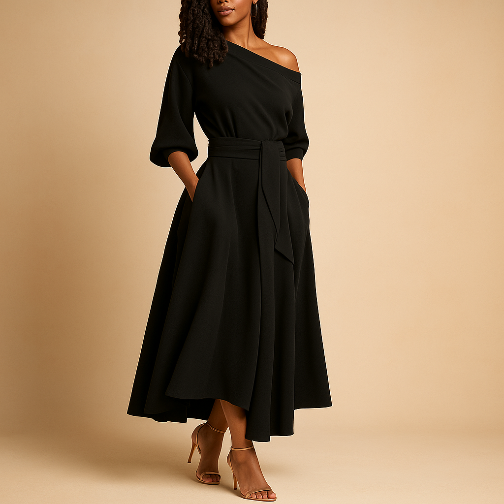 Elegant midi dress with waistband for women | Sophia