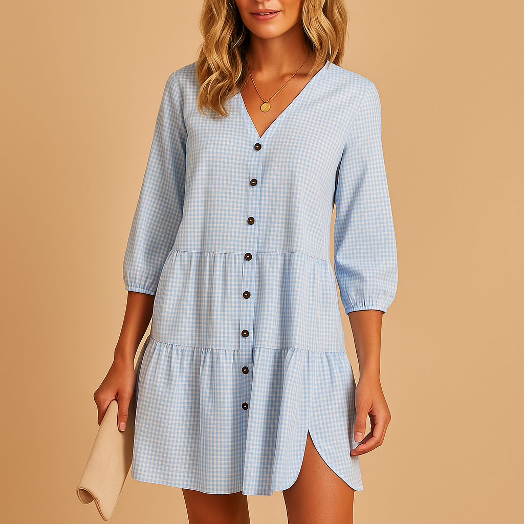 Elegant midi summer dress for women named Amara, featuring three-quarter sleeves and a breathable design, perfect for work, dinners, or summer occasions.