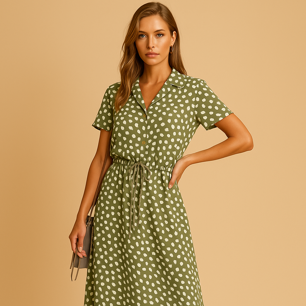 Elegant short sleeve midi dress for women named Hazel, featuring a flattering fit and refined cut ideal for office wear, formal events, or casual outings.