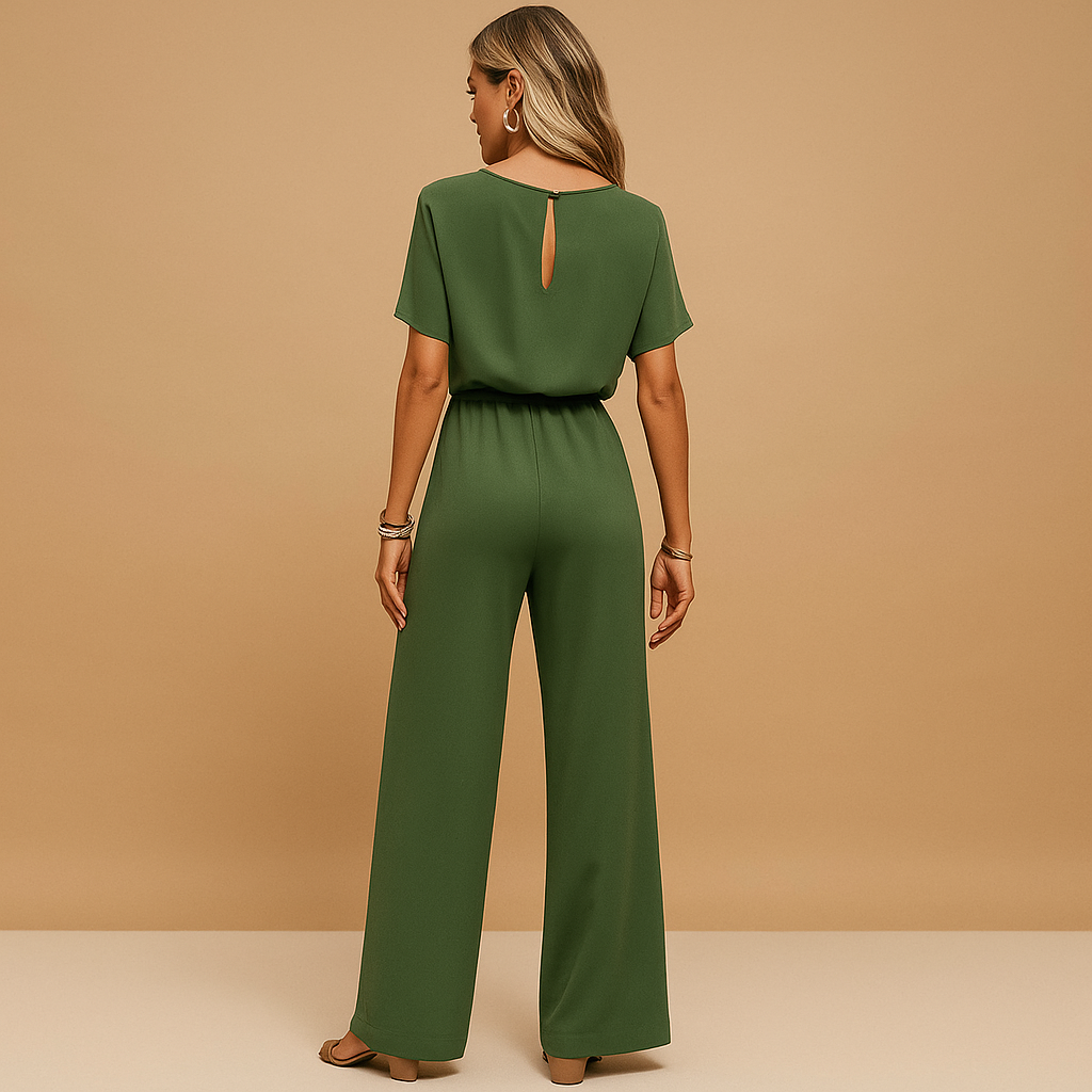 Women’s elegant jumpsuit with tailored fit and flowing sleeves, available in black, beige, and green. Perfect for galas, weddings, and evening occasions.