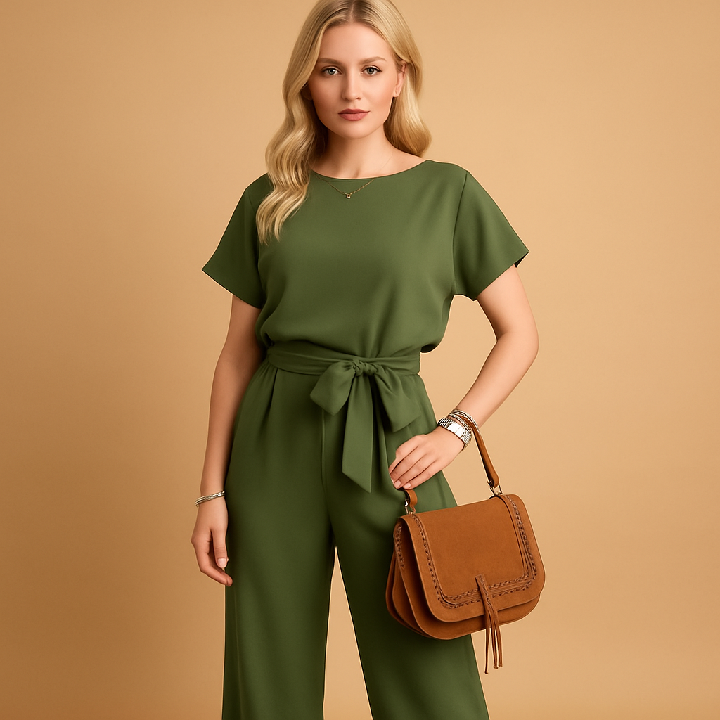 Women’s elegant jumpsuit with tailored fit and flowing sleeves, available in black, beige, and green. Perfect for galas, weddings, and evening occasions.