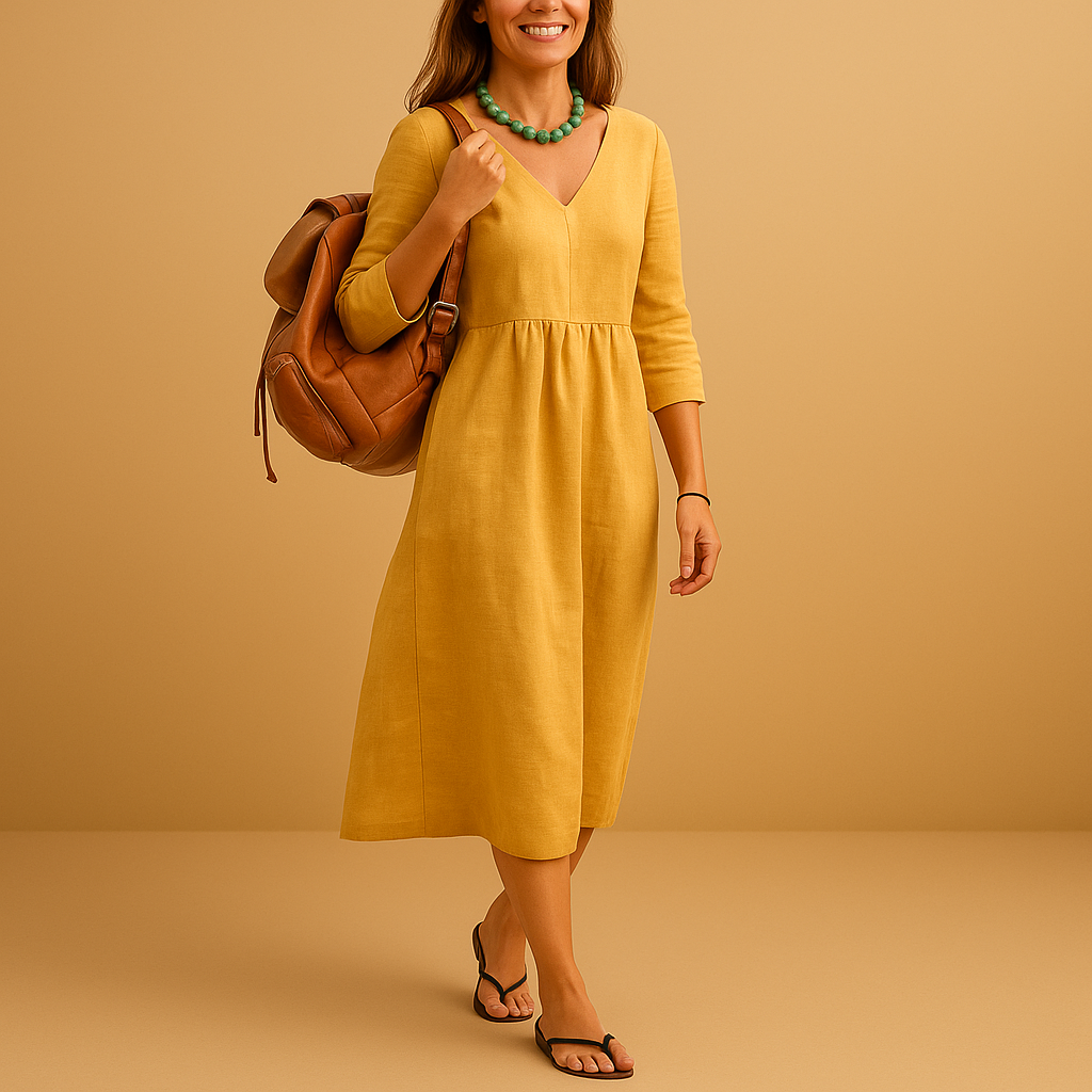 Elegant V-neck midi dress for women named Amelia, featuring a high-waisted fit, half-length sleeves, and timeless design perfect for any occasion.
