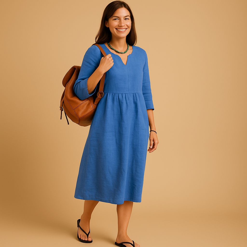 Elegant V-neck midi dress for women named Amelia, featuring a high-waisted fit, half-length sleeves, and timeless design perfect for any occasion.