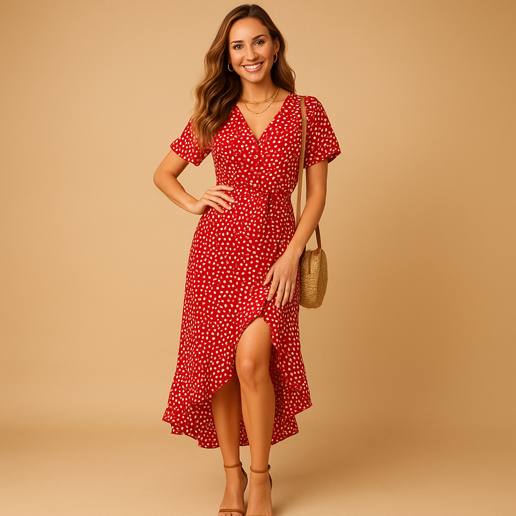 Women’s elegant wrap dress with V-neck, asymmetrical skirt, and adjustable waist tie. Perfect for summer holidays, garden parties, and evenings out.