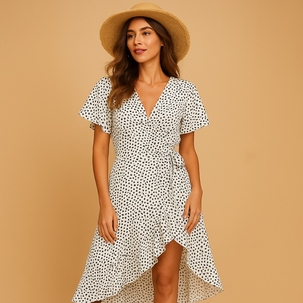 Women’s elegant wrap dress with V-neck, asymmetrical skirt, and adjustable waist tie. Perfect for summer holidays, garden parties, and evenings out.