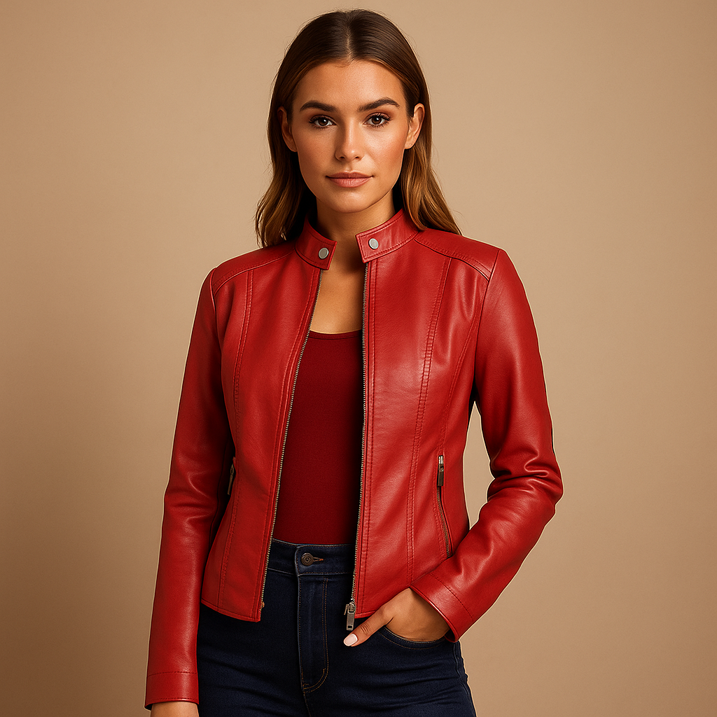 Women’s faux leather biker jacket with symmetric zipper, snap buttons, and silver details. A versatile choice for casual or elegant outfits.