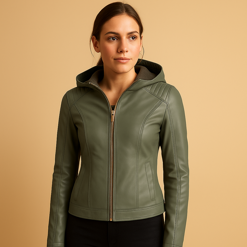 Women’s faux leather jacket with removable hood, gold zipper details, and regular fit. Perfect for casual and smart-casual spring or autumn outfits.