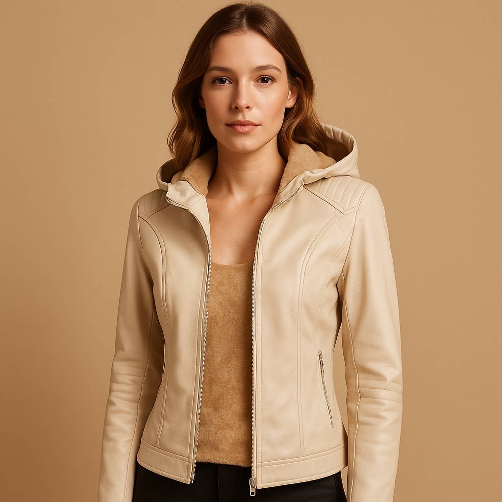 Women’s faux leather jacket with removable hood, gold zipper details, and regular fit. Perfect for casual and smart-casual spring or autumn outfits.