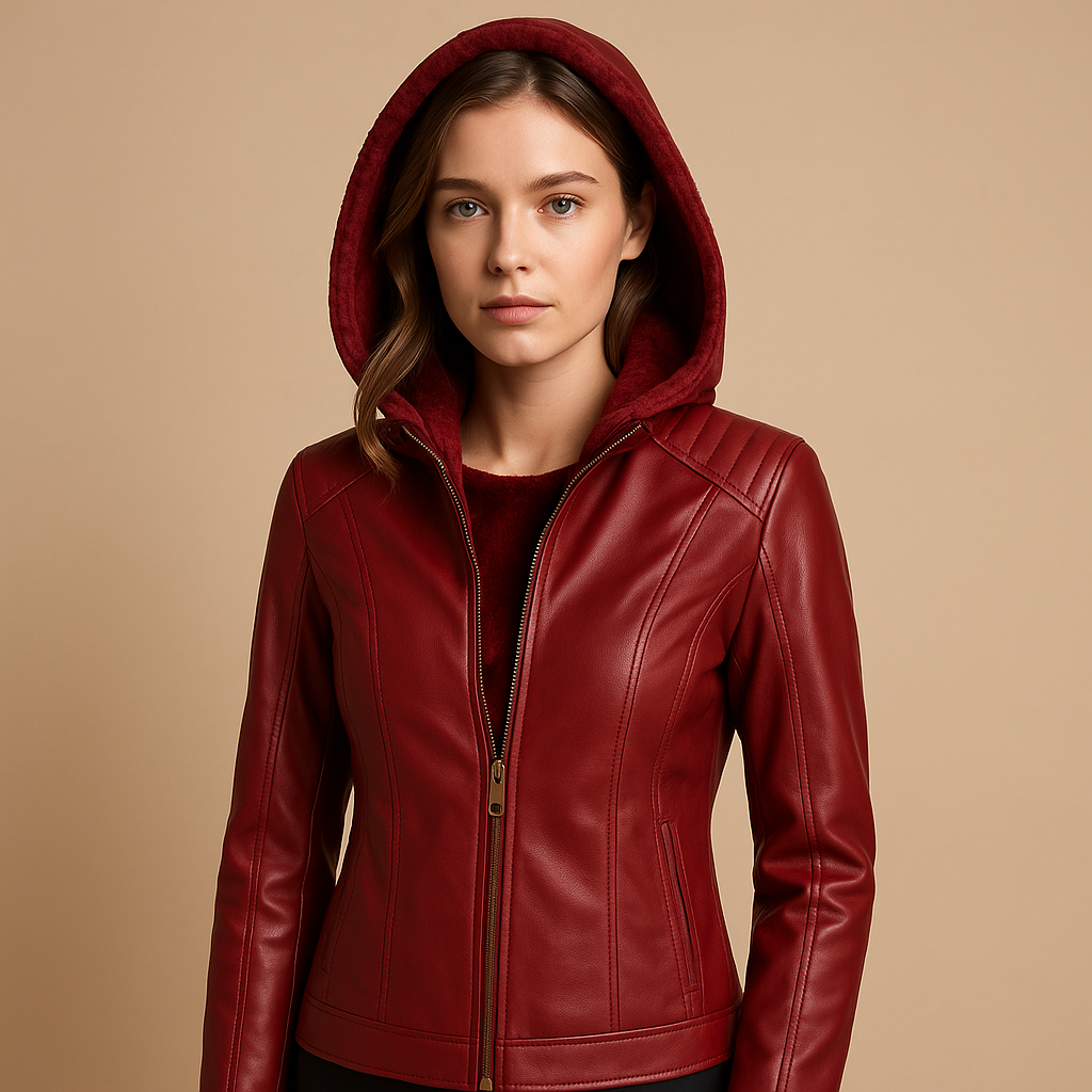 Women’s faux leather jacket with removable hood, gold zipper details, and regular fit. Perfect for casual and smart-casual spring or autumn outfits.