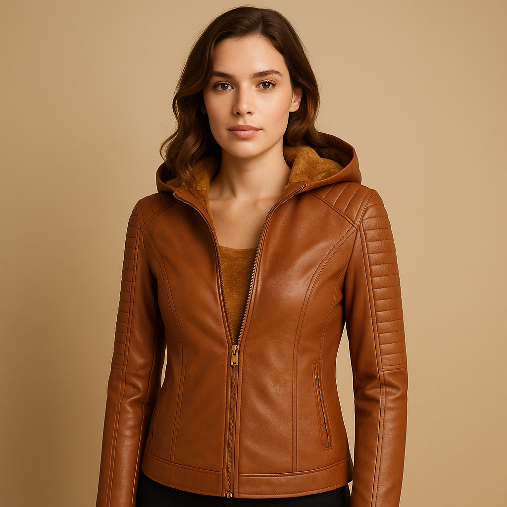 Women’s faux leather jacket with removable hood, gold zipper details, and regular fit. Perfect for casual and smart-casual spring or autumn outfits.
