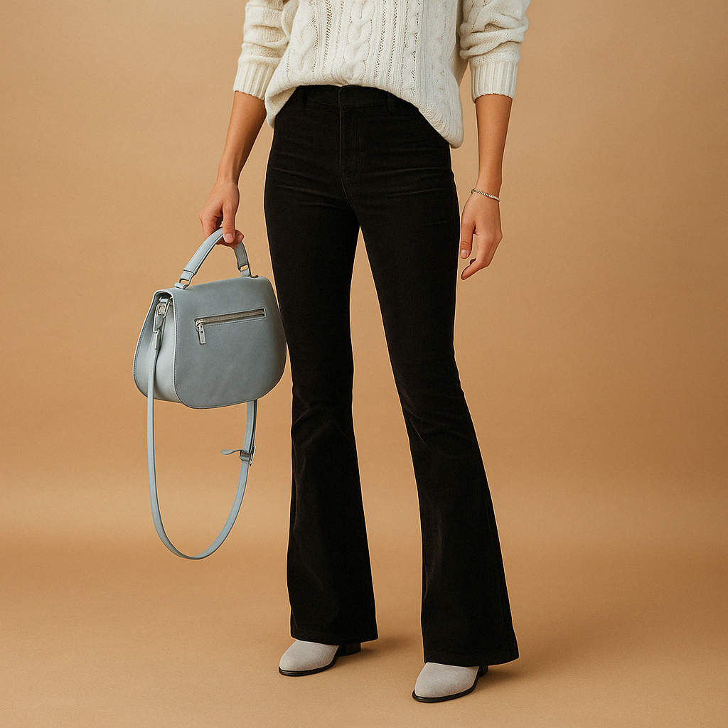 Women’s flared corduroy pants with a soft ribbed design, perfect for casual and semi-formal outfits with a modern vintage look.