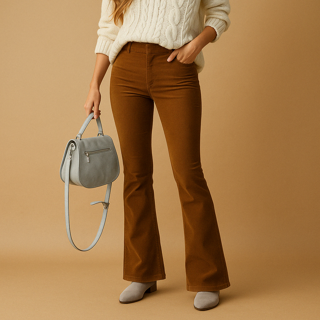 Women’s flared corduroy pants with a soft ribbed design, perfect for casual and semi-formal outfits with a modern vintage look.