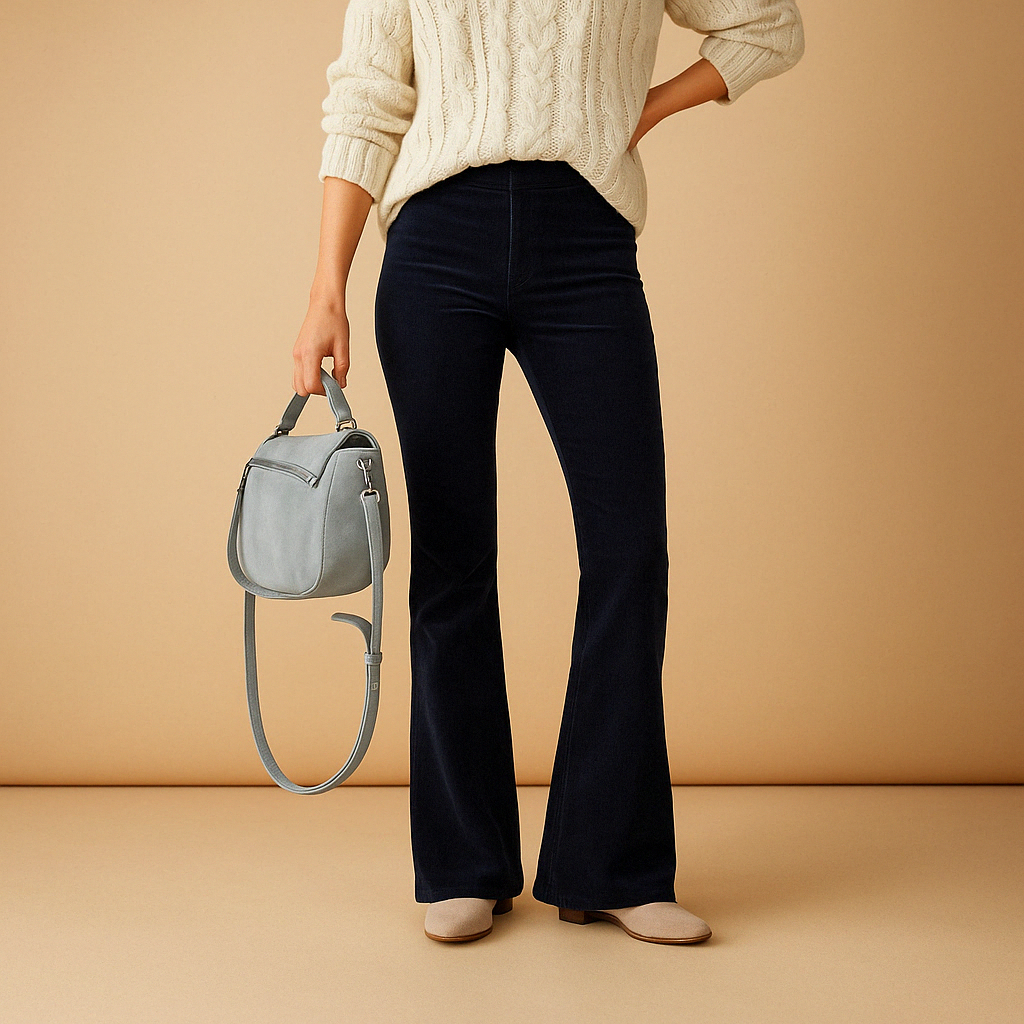 Women’s flared corduroy pants with a soft ribbed design, perfect for casual and semi-formal outfits with a modern vintage look.