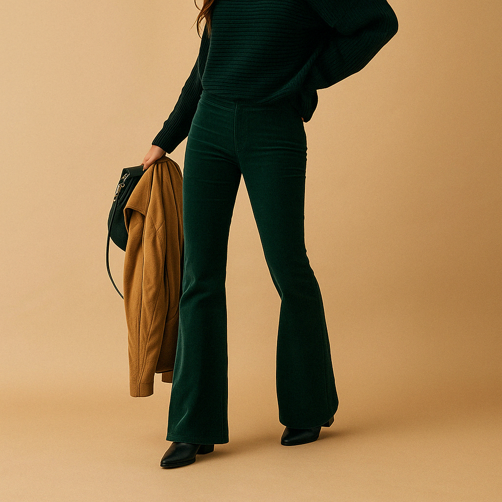 Women’s flared corduroy pants with a soft ribbed design, perfect for casual and semi-formal outfits with a modern vintage look.