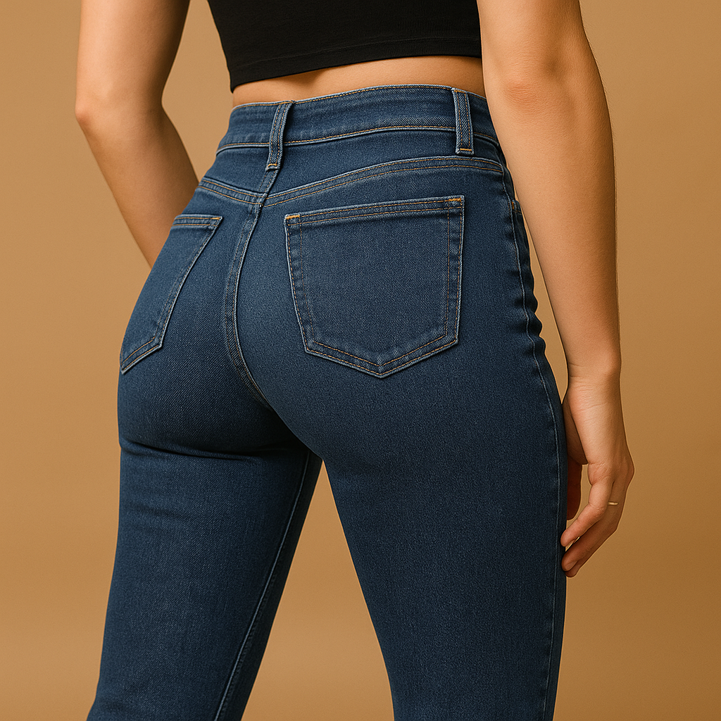 Women’s flared high-waist jeans in classic denim blue with wide legs, perfect for casual or elegant outfits.