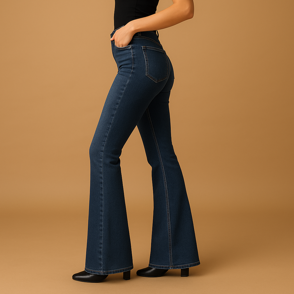 Women’s flared high-waist jeans in classic denim blue with wide legs, perfect for casual or elegant outfits.