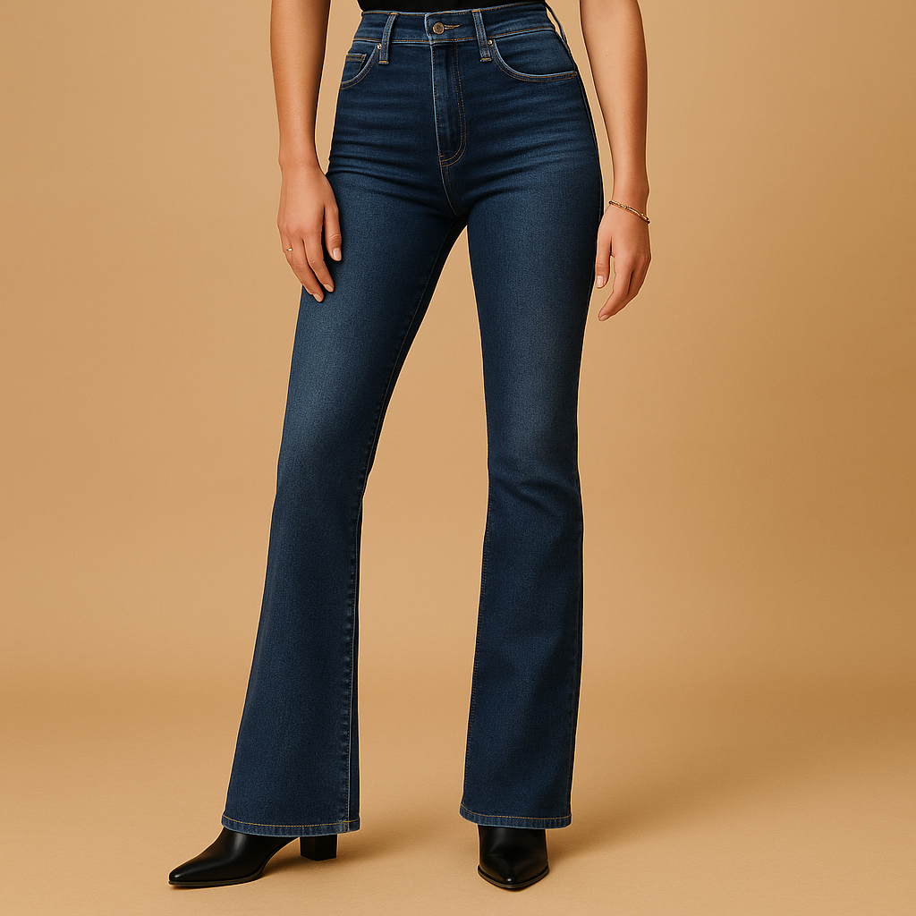 Women’s flared high-waist jeans in classic denim blue with wide legs, perfect for casual or elegant outfits.
