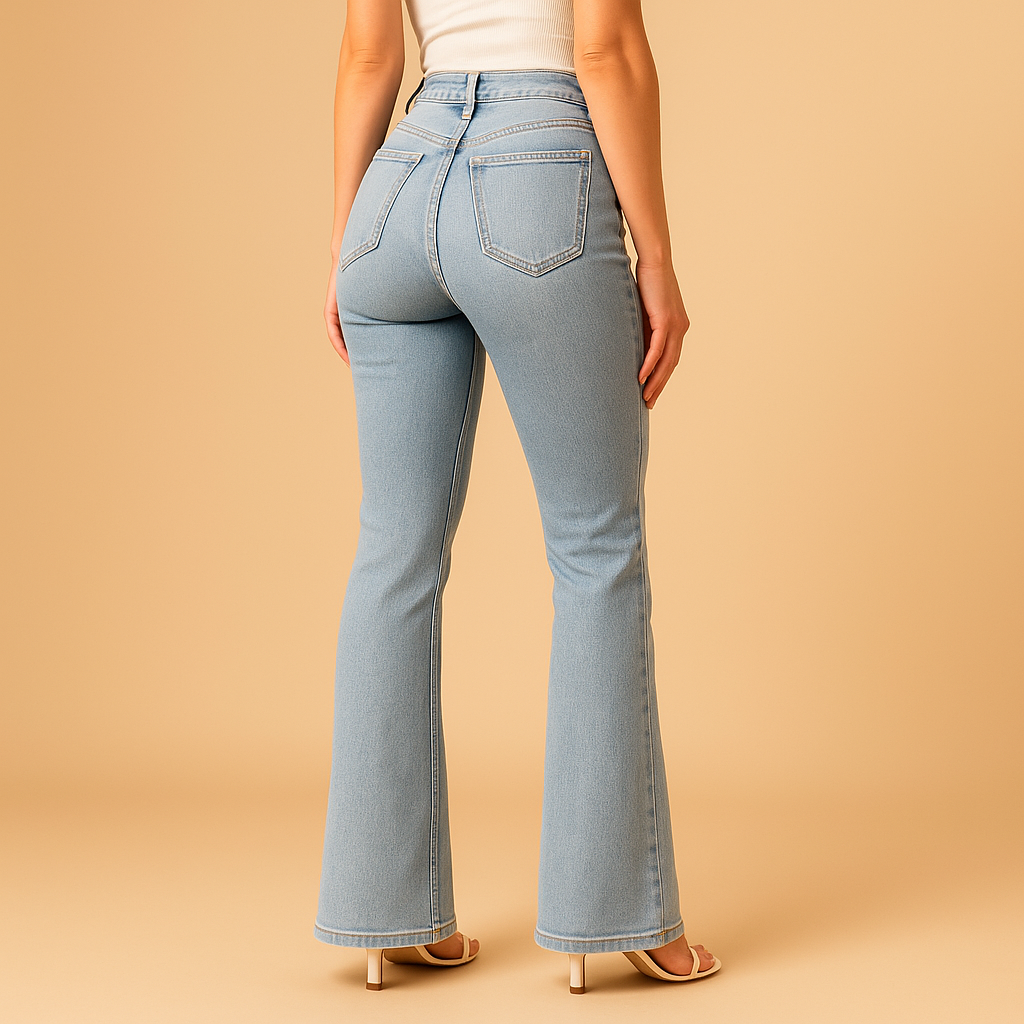 Women’s flared high-waist jeans in classic denim blue with wide legs, perfect for casual or elegant outfits.