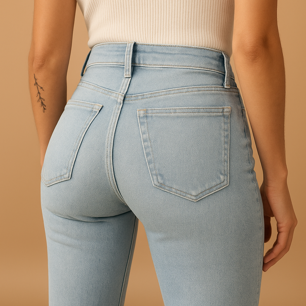 Women’s flared high-waist jeans in classic denim blue with wide legs, perfect for casual or elegant outfits.