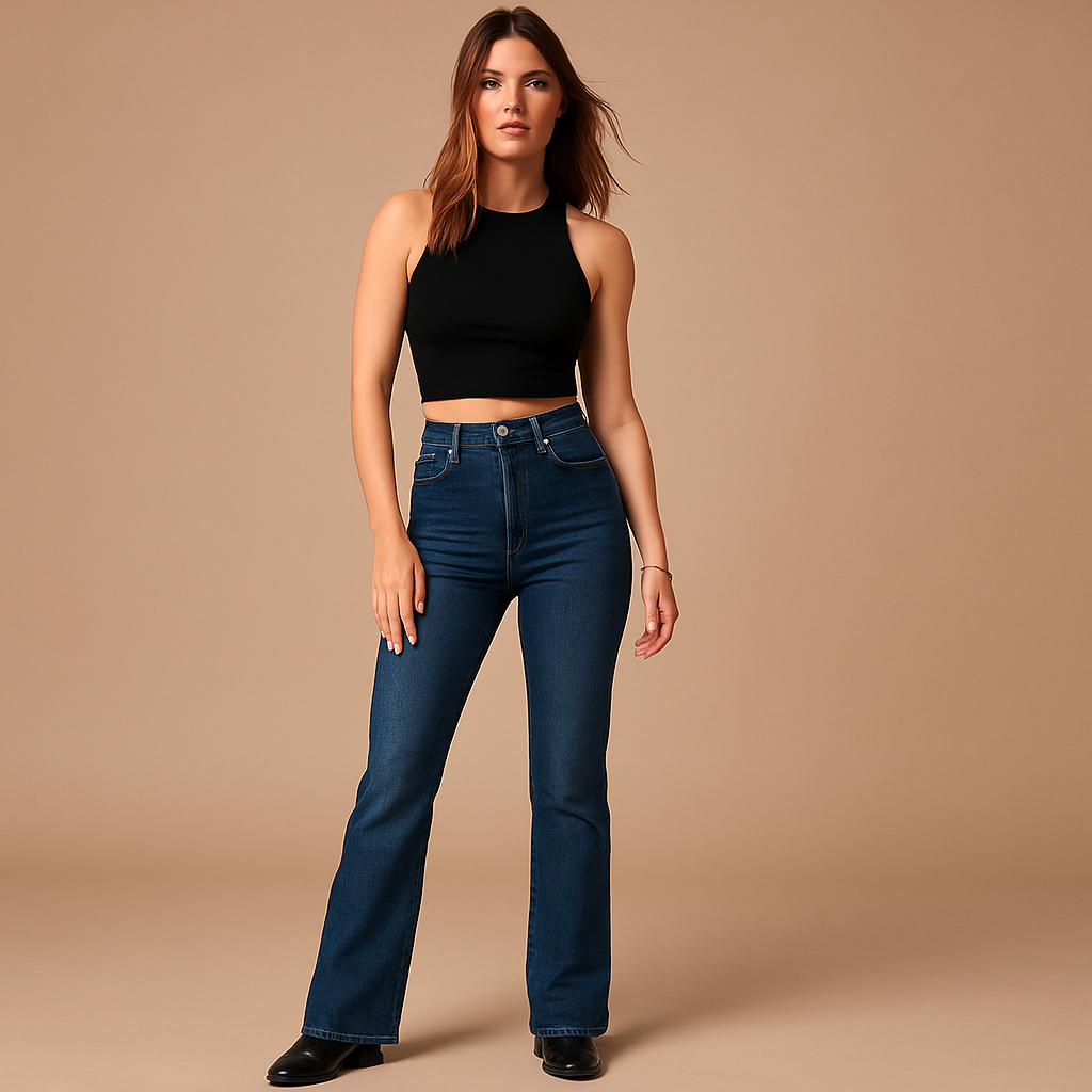 Women’s flared high-waist jeans in classic denim blue with wide legs, perfect for casual or elegant outfits.