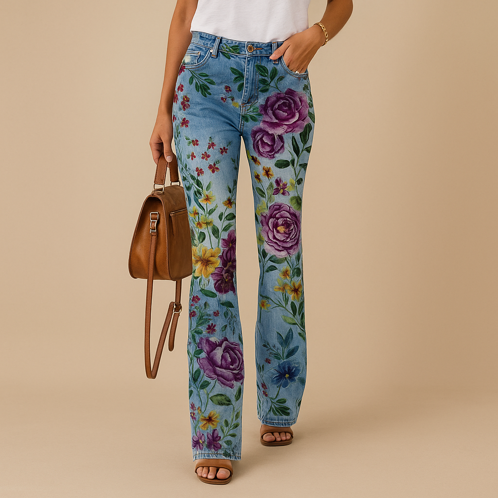 Women’s flared jeans with colorful floral and butterfly prints, made from soft breathable fabric, perfect for casual or summer outfits.