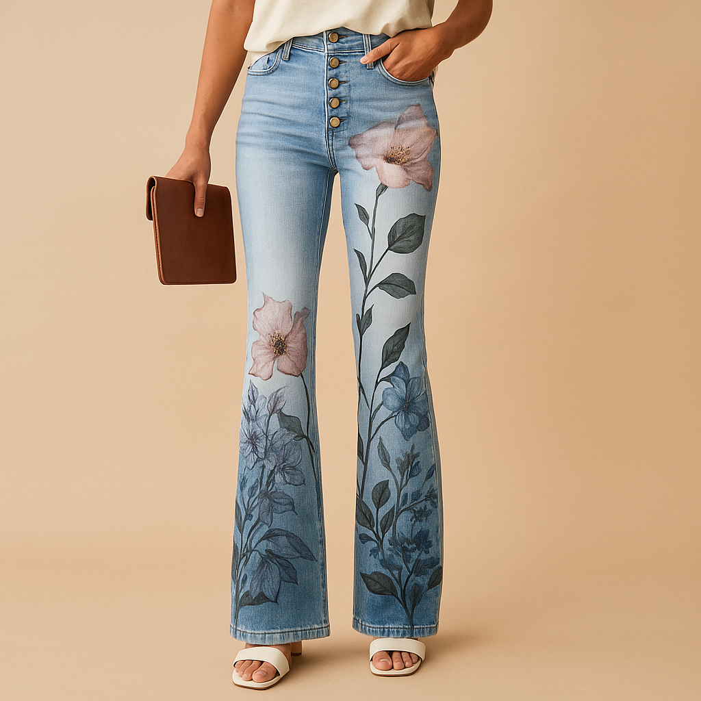 Women’s flared jeans with colorful floral and butterfly prints, made from soft breathable fabric, perfect for casual or summer outfits.