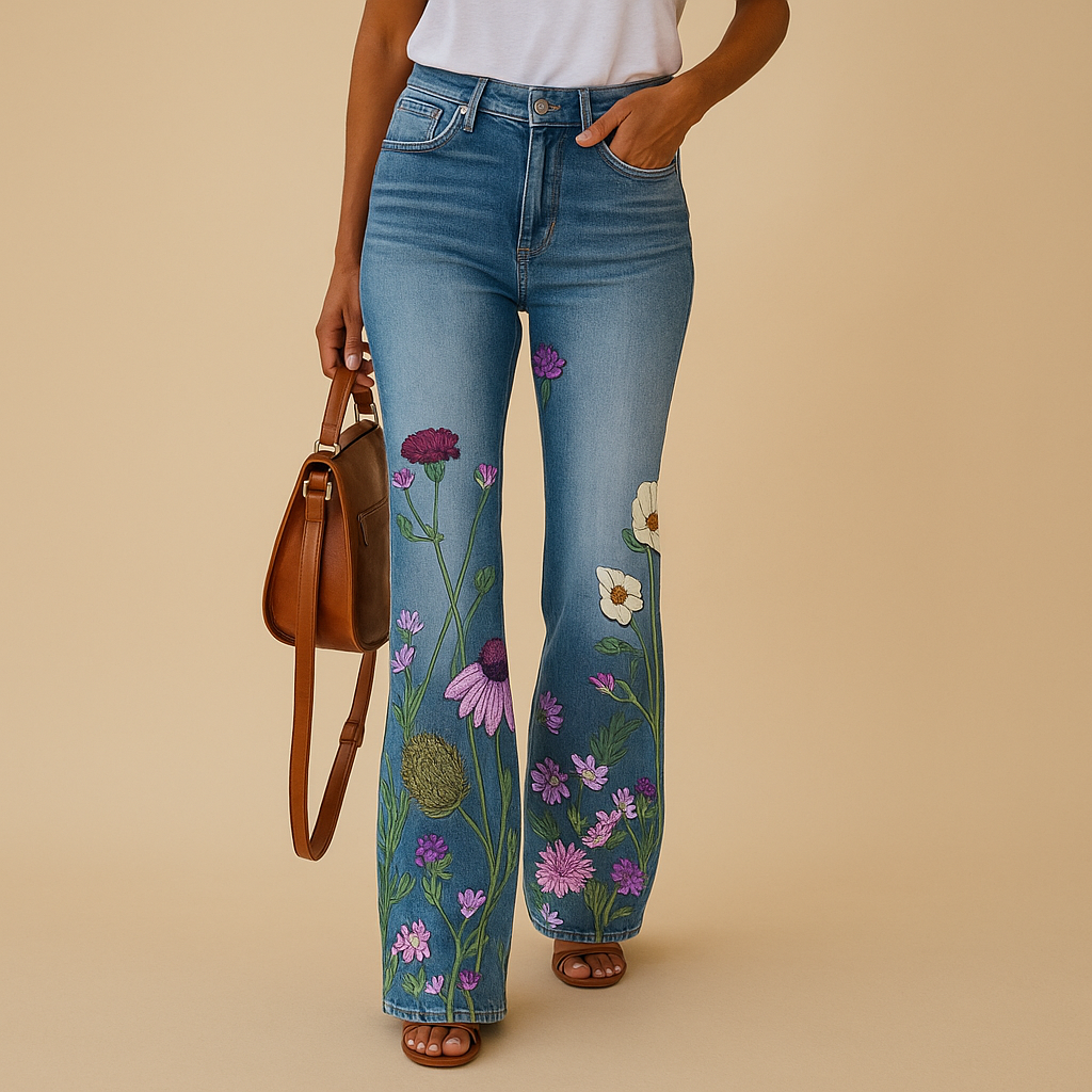 Women’s flared jeans with colorful floral and butterfly prints, made from soft breathable fabric, perfect for casual or summer outfits.