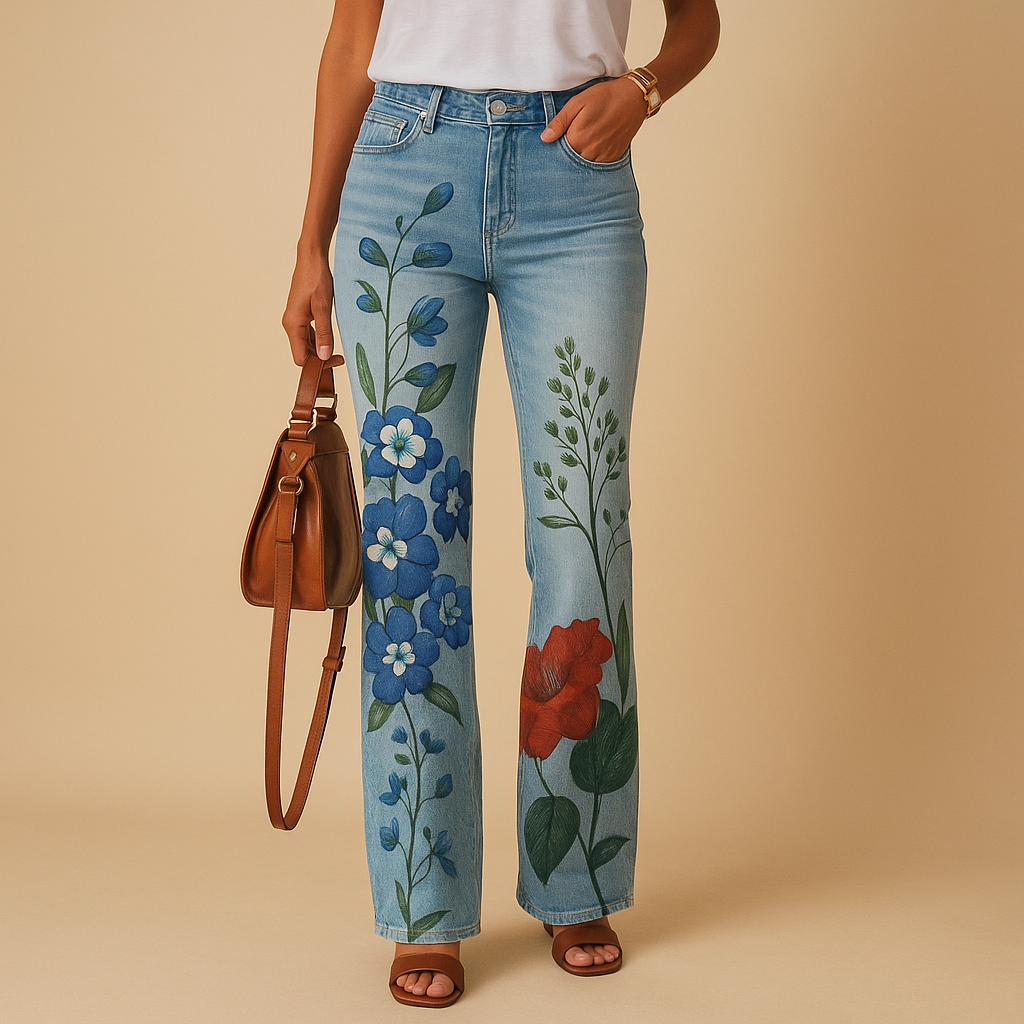 Women’s flared jeans with colorful floral and butterfly prints, made from soft breathable fabric, perfect for casual or summer outfits.