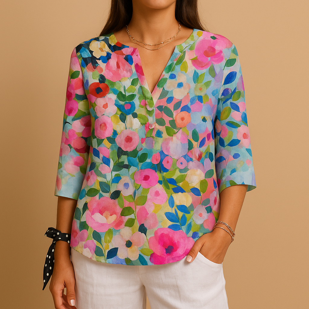 Women’s floral button blouse with classic collar and relaxed fit — lightweight, elegant, and perfect for spring or casual occasions.