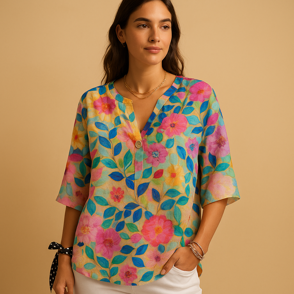 Women’s floral button blouse with classic collar and relaxed fit — lightweight, elegant, and perfect for spring or casual occasions.