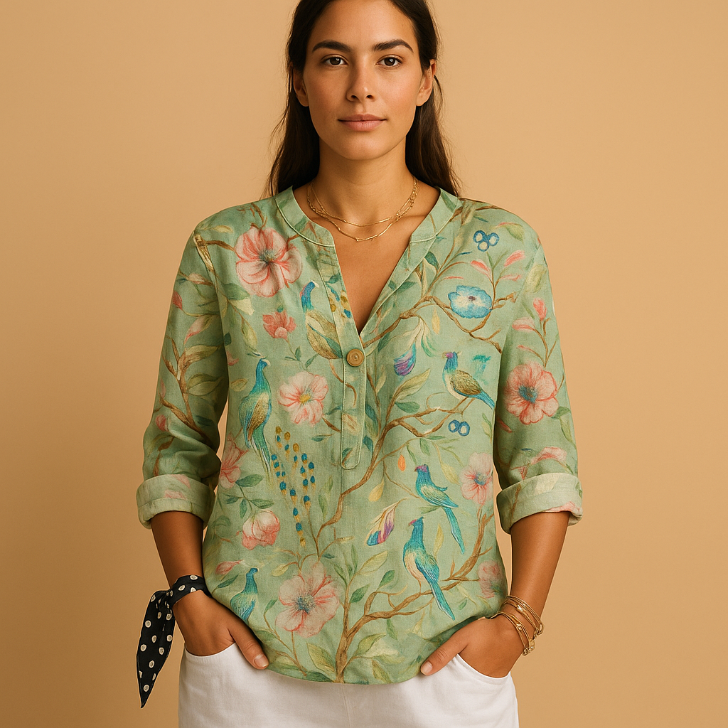 Women’s floral button blouse with classic collar and relaxed fit — lightweight, elegant, and perfect for spring or casual occasions.