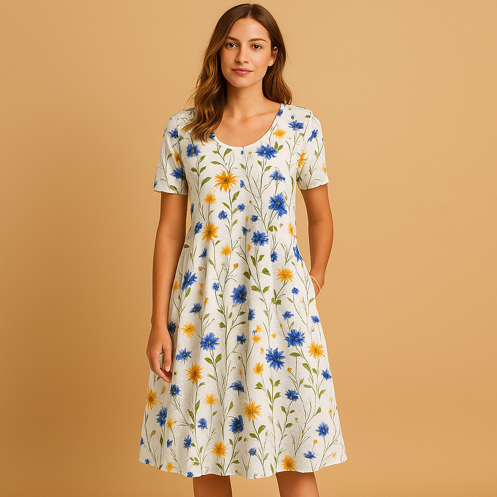 Light cotton women’s dress with elegant floral pattern, perfect for casual outings, brunches, and warm summer days.