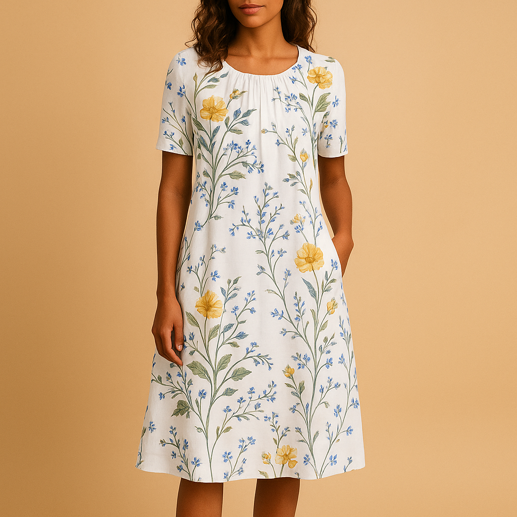 Light cotton women’s dress with elegant floral pattern, perfect for casual outings, brunches, and warm summer days.