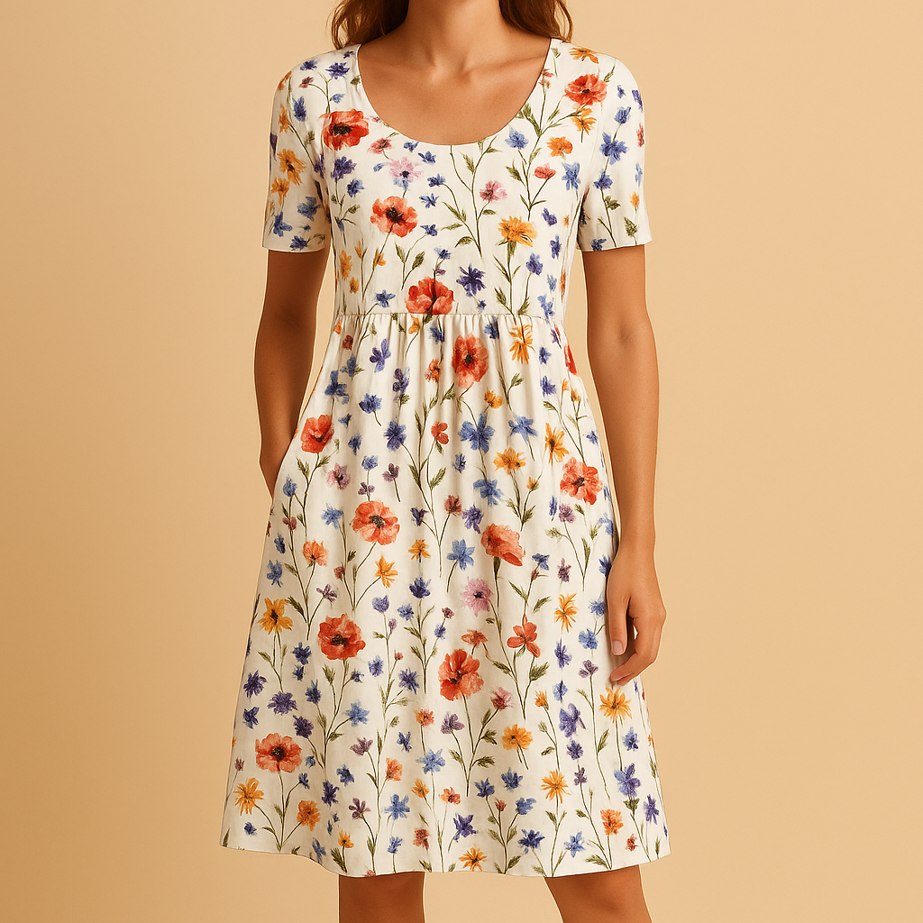 Light cotton women’s dress with elegant floral pattern, perfect for casual outings, brunches, and warm summer days.