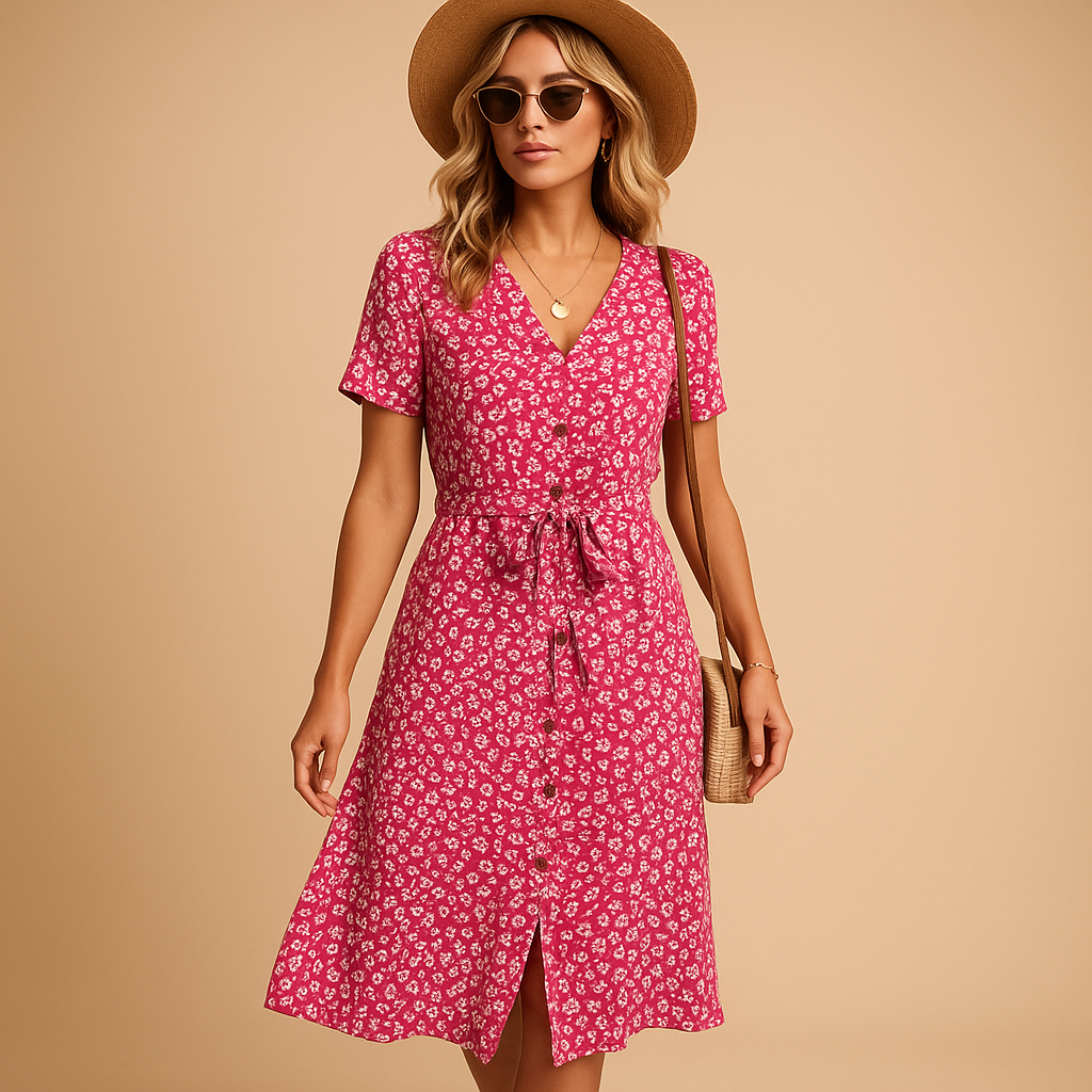 Floral midi dress for women with short sleeves, flattering fit, and breathable fabric. Perfect for summer days, casual outings, and festive occasions.