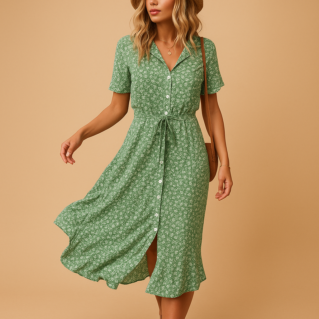 Floral midi dress for women with short sleeves, flattering fit, and breathable fabric. Perfect for summer days, casual outings, and festive occasions.