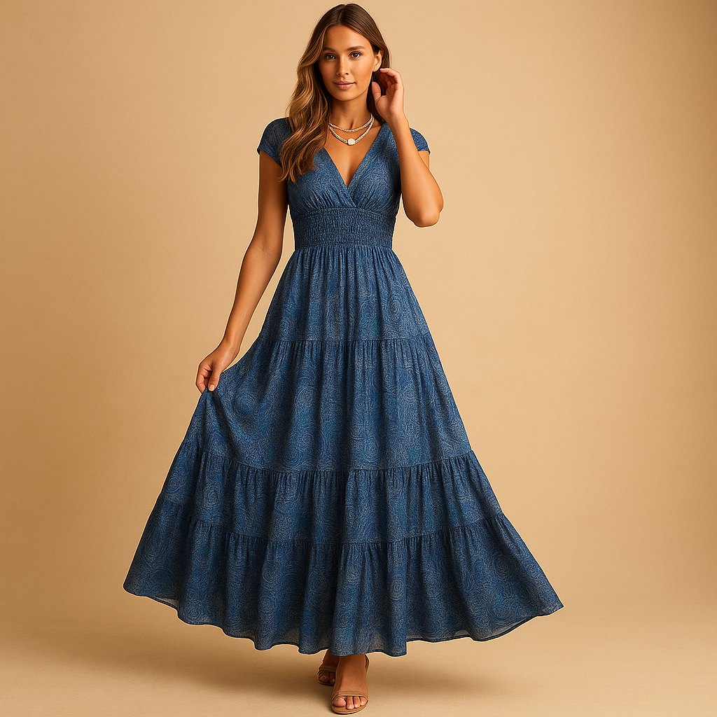 Elegant women’s floral maxi dress with ruffled collar and flattering fit, perfect for parties, dinners, and everyday elegance.